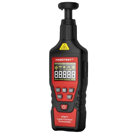 HABOTEST Handheld Tachometer for Non-Contact Speed Measurement showing red-black handheld laser/contact RPM meter with digital display