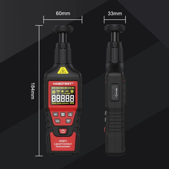 HABOTEST Handheld Tachometer for Non-Contact Speed Measurement showing front and side views with dimensions 184mm x 60mm x 33mm
