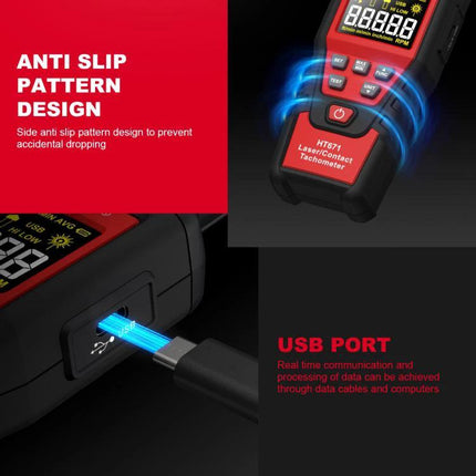 HABOTEST Handheld Tachometer for Non-Contact Speed Measurement showing anti-slip design and USB port for data transfer