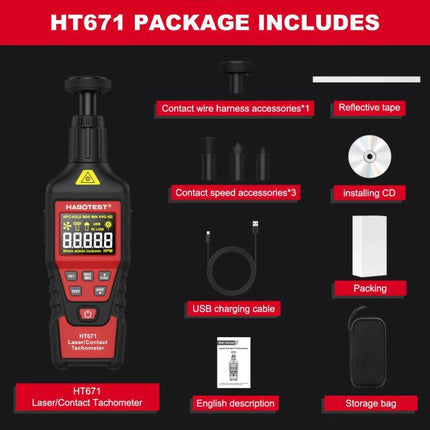 HABOTEST Handheld Tachometer for Non-Contact Speed Measurement showing HT671 tachometer and included accessories kit