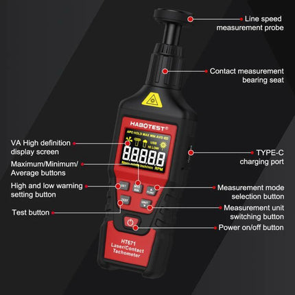 HABOTEST Handheld Tachometer for Non-Contact Speed Measurement - handheld laser/contact tachometer with digital display and labeled buttons