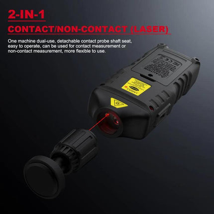 HABOTEST Handheld Tachometer for Non-Contact Speed Measurement showing 2-in-1 contact/non-contact laser probe and detachable contact shaft