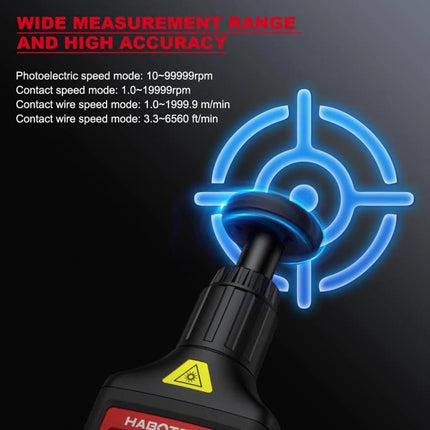 HABOTEST Handheld Tachometer for Non-Contact Speed Measurement showing optical sensor targeting rotating part and measurement range text