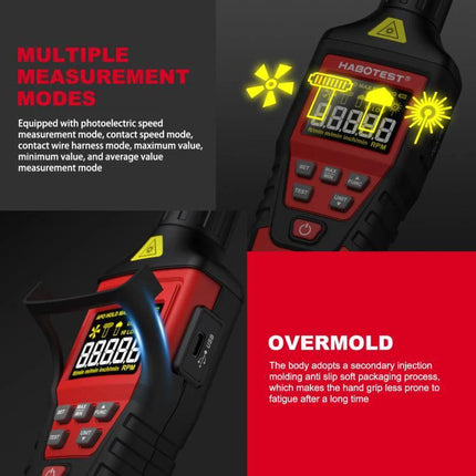 HABOTEST Handheld Tachometer for Non-Contact Speed Measurement showing display and buttons for multiple measurement modes