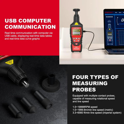 HABOTEST Handheld Tachometer for Non-Contact Speed Measurement connected to laptop showing USB data and measuring probes