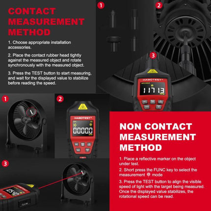 HABOTEST Handheld Tachometer for Non-Contact Speed Measurement showing contact and non-contact measurement methods and display