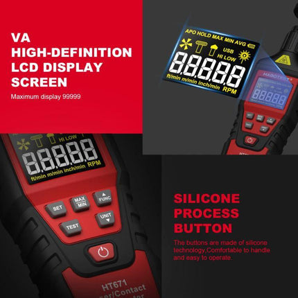 HABOTEST Handheld Tachometer for Non-Contact Speed Measurement showing LCD display, silicone buttons, and RPM readouts