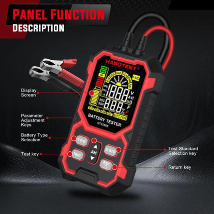 HABOTEST Car Battery Tester for 12V and 24V Vehicles Digital LCD handheld battery tester with clamps and full-color LCD display showing panel function