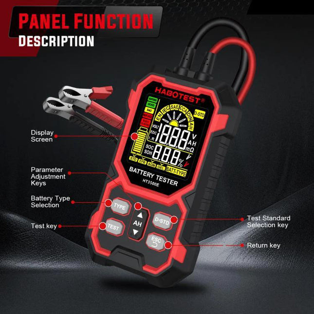HABOTEST Car Battery Tester for 12V and 24V Vehicles Digital LCD handheld battery tester with clamps and full-color LCD display showing panel function