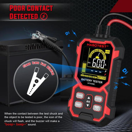 HABOTEST Car Battery Tester for 12V and 24V Vehicles Digital LCD showing digital LCD reading and clamp connected to battery, poor contact detected