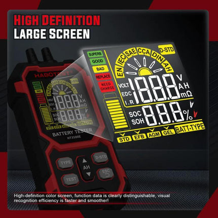 HABOTEST Car Battery Tester for 12V and 24V Vehicles Digital LCD showing high-definition large color LCD with voltage, CCA, Ah and SOC readings