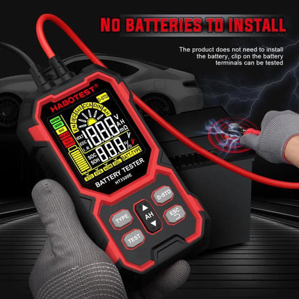 HABOTEST Car Battery Tester for 12V and 24V Vehicles Digital LCD handheld device displaying battery voltage and health while clips connect to a car battery