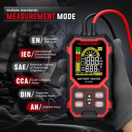 HABOTEST Car Battery Tester for 12V and 24V Vehicles Digital LCD handheld battery health meter showing measurements and connectors