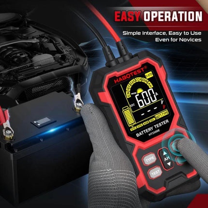 HABOTEST Car Battery Tester for 12V and 24V Vehicles Digital LCD held by gloved hand testing a car battery with clear digital LCD readout