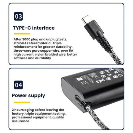USB-C Power Delivery Charger for HP Laptops and Devices showing Type-C braided cable and 65W power supply unit
