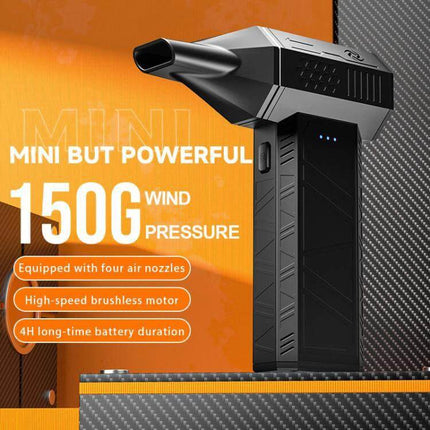 X3mini Compact Brushless Dust Blower Fan for Cleaning Tasks - portable black handheld blower showing nozzle, LED indicators and textured grip, 150G wind pressure