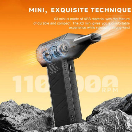 X3mini Compact Brushless Dust Blower Fan for Cleaning Tasks - portable black ABS handheld blower showing internal motor and nozzle