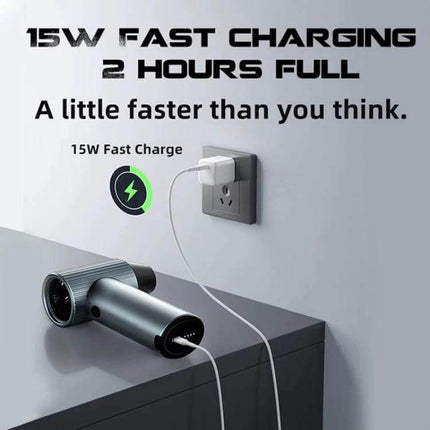 Durable Handheld Turbo Fan for Outdoor Activities and Cooling showing 15W fast charging plugged in with cable on table