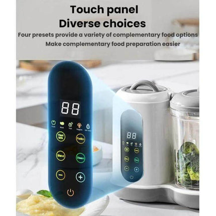 Multifunctional Baby Food Processor For Automatic Easy Home Meals touchscreen control panel showing presets for steaming blending and texture settings