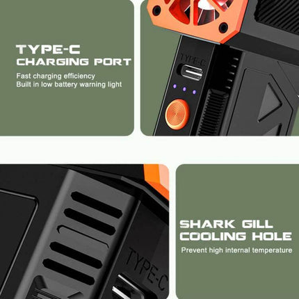 Versatile 3-Speed Brushless Fan for Everyday Indoor Cooling showing Type-C charging port, one-touch speed button and shark gill cooling vents