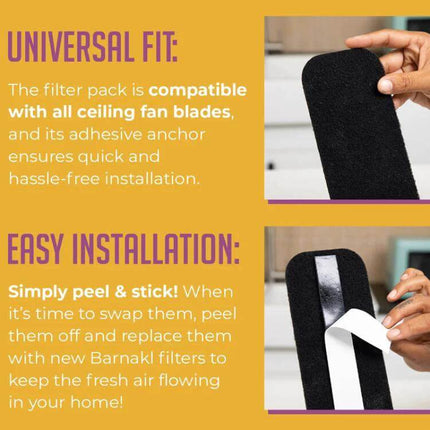 5 Pcs Activated Carbon Fan Blade Filter With Adhesive For Cleaner Air showing universal fit and easy peel-and-stick installation on ceiling fan blades