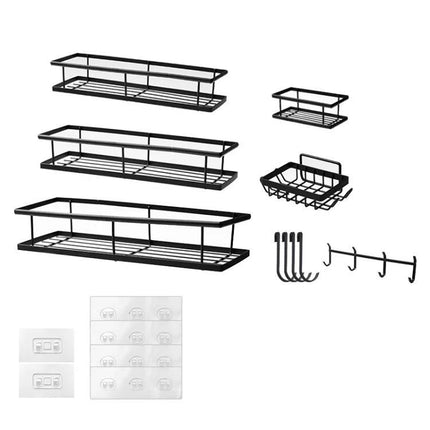 Practical Wall-Mounted Storage for Bathroom Essentials black punch-free racks set with shelves hooks and adhesive pads