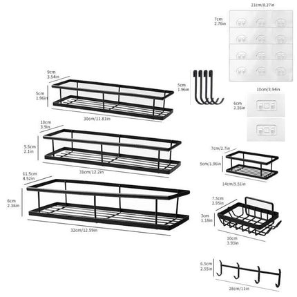 Practical Wall-Mounted Storage for Bathroom Essentials black punch-free rack set with hooks and baskets for toiletries and sponges
