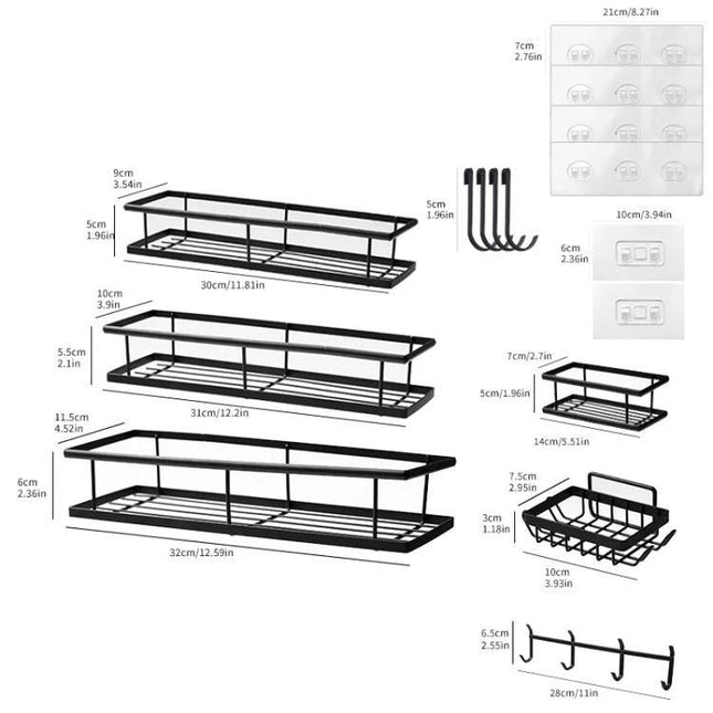 Practical Wall-Mounted Storage for Bathroom Essentials black punch-free rack set with hooks and baskets for toiletries and sponges