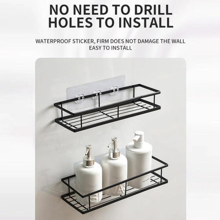 Practical Wall-Mounted Storage for Bathroom Essentials - punch-free black metal shelf holding bottles, easy no-drill installation