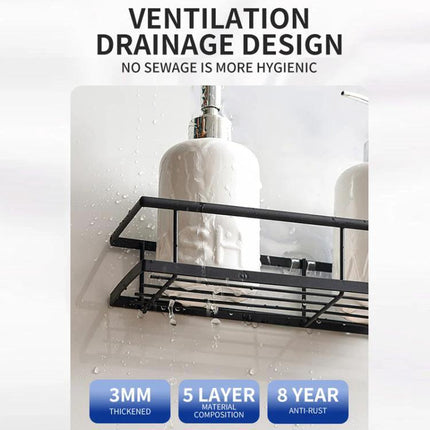 Practical Wall-Mounted Storage for Bathroom Essentials black ventilated drainage shelf showing soap dispenser and water droplets, punch-free installation