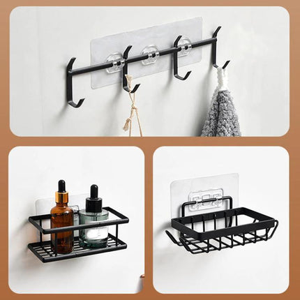 Practical Wall-Mounted Storage for Bathroom Essentials - punch-free black hooks and baskets organizing toiletries
