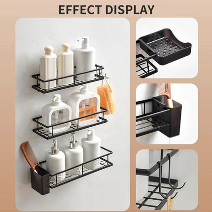 Practical Wall-Mounted Storage for Bathroom Essentials - punch-free black metal shelving holding bottles, sponge, and accessories