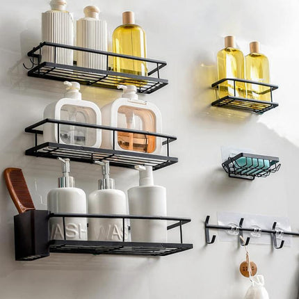 Practical Wall-Mounted Storage for Bathroom Essentials - black punch-free shelves holding bottles and soap dispensers