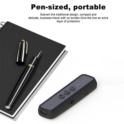 Portable Wireless Signal Detector for Eavesdropping Prevention pen-sized device next to notebook and pen for travel privacy scans