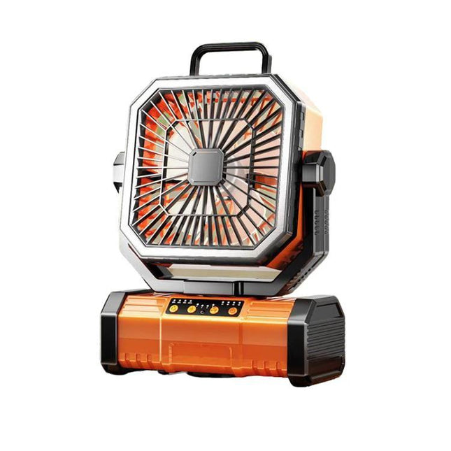 Portable USB Oscillating Fan with Remote for Camping Lights showing orange portable USB-powered oscillating fan with built-in battery, light and remote