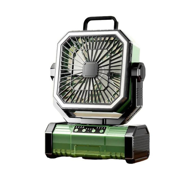 Portable USB Oscillating Fan with Remote for Camping Lights shown in green with built-in battery, USB power, remote and SOS light mode