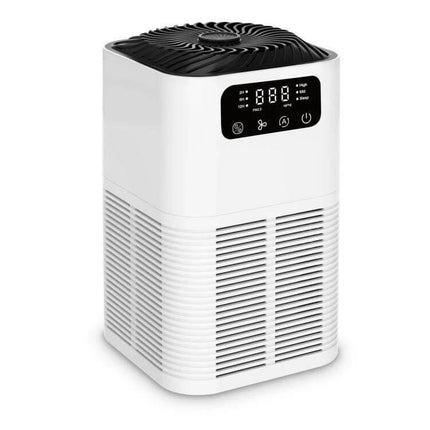 Desktop Aromatherapy Diffuser and Air Purifier With Negative Ions on a desk - compact white unit with digital display and top fan