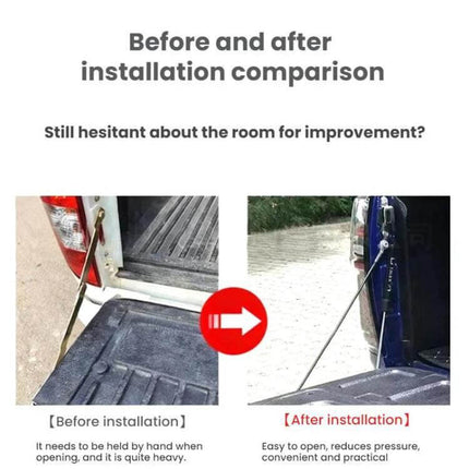 Tailgate Hydraulic Lowering Lever for Mitsubishi Triton 2015-2022 installed showing before and after controlled one-handed tailgate lowering