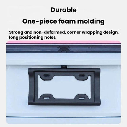 Durable EVA License Plate Frame for Everyday Car Protection shown mounted on a car trunk, black one-piece foam molding protecting plate edges