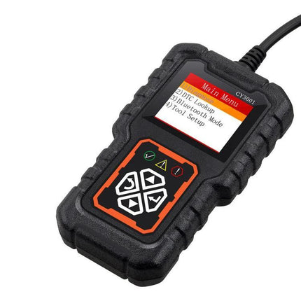 Car Diagnostic Device for Everyday Driving Safety handheld OBD2 scanner with screen showing DTC lookup and menu for quick fault code checks