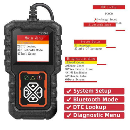 Car Diagnostic Device for Everyday Driving Safety - handheld OBD2 scanner showing main menu, DTC lookup, Bluetooth mode and diagnostic options