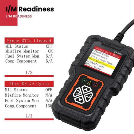 Car Diagnostic Device for Everyday Driving Safety handheld OBD2 reader showing diagnostic menu and readiness monitor
