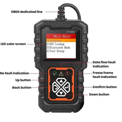 Car Diagnostic Device for Everyday Driving Safety - handheld OBD2 scanner with LED screen showing main menu and labeled buttons