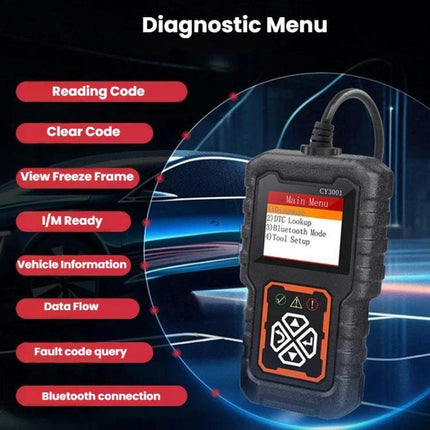 Car Diagnostic Device for Everyday Driving Safety - handheld OBD2 scanner showing diagnostic menu, reading/clearing codes and live data