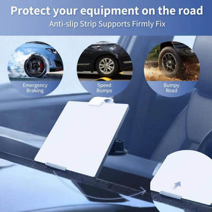 Starlink Mini Center Console Car Mount For Dashboard Use shown mounted on vehicle dashboard with anti-slip strip and adjustable angle for stable travel