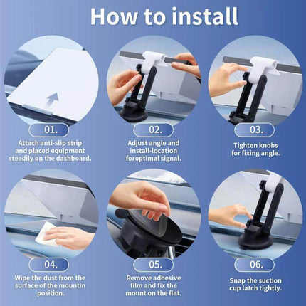 Starlink Mini Center Console Car Mount For Dashboard Use - step-by-step install guide showing anti-slip strip, angle adjustment, tightening knobs, wipe, adhesive and suction cup