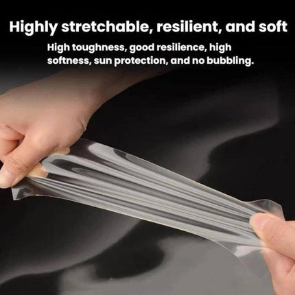 Tesla Model Y Central Control Panel Protective Film Transparent - clear stretchable TPU protector showing hands stretching film