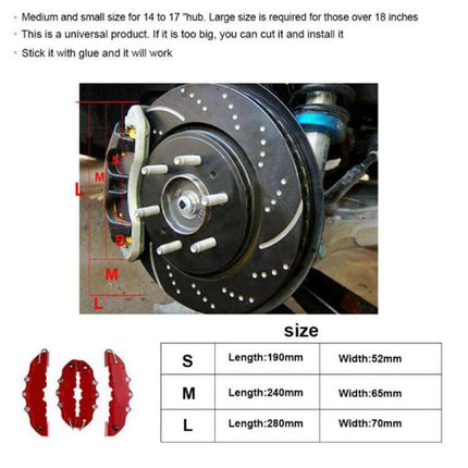 Brake Caliper Cover Kit High Temperature ABS Multi Color Set - red ABS covers shown installed on drilled disc with size chart S/M/L