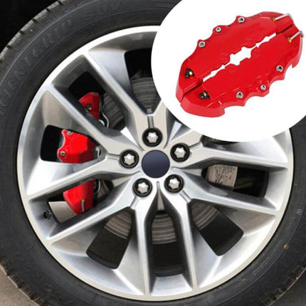 Brake Caliper Cover Kit High Temperature ABS Multi Color Set on silver alloy wheel showing red caliper covers and inset product close-up