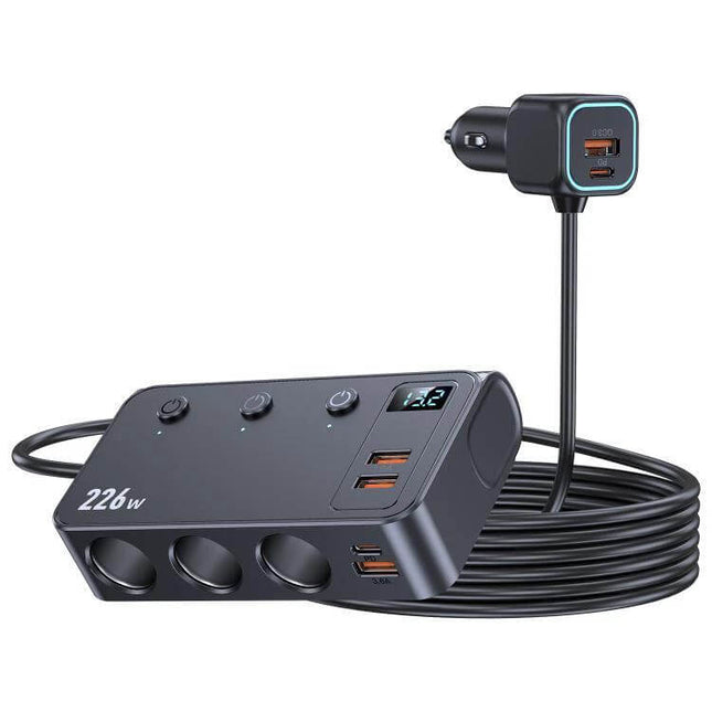 3-In-1 Car Cigarette Lighter Charger With Digital Display compact 226W car power splitter with PD 45W USB-C, USB-A ports and independent switches